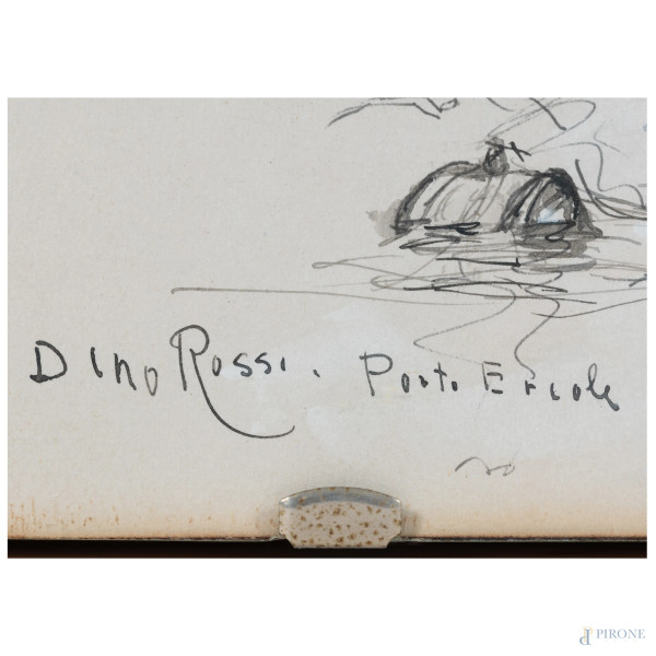 Lotto di due disegni a tecnica mista di Dino Rossi (1904 - 1982) raffiguranti porto Ercole, cm 33...