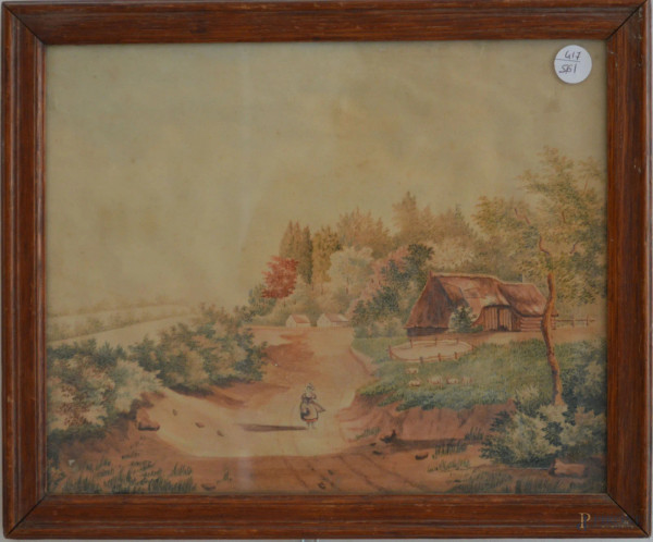 Paesaggio con casa e figura, acquarello su carta 29x23 cm, entro cornice, primi 900.