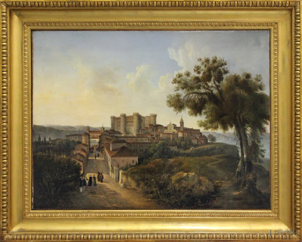 Mantovani di Ferrara, Veduta del castello di Bracciano, olio su tela, 74x99 cm, datato 1841, entro cornice coeva.