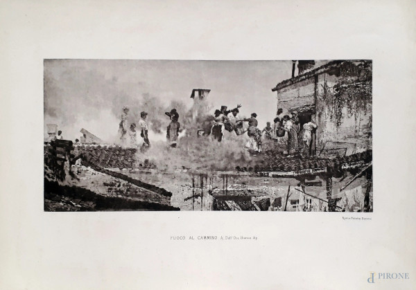 Premiato Stabilimento di Arti Fotomeccaniche Michele Danesi (1809-1887), antica fototipia su carta dell’opera “Fuoco al cammino” di Angelo Dall’Oca Bianca (1853-1918), cm 30x43