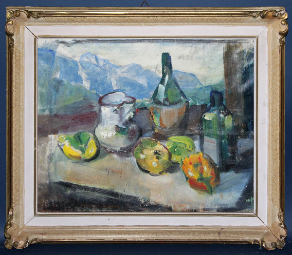 Marco Novati, Frutti e vasellame, olio su tela 40x50 cm, entro cornice datao 1955.