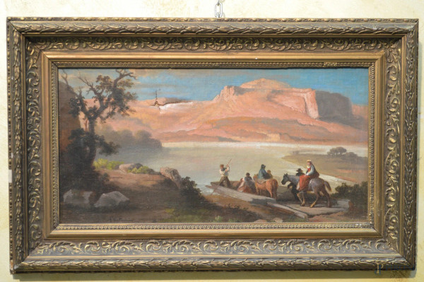 Paesaggio fluviale con personaggi, olio su tela 21x41 cm, entro cornice firmato, XIX sec, (difetti alla tela).