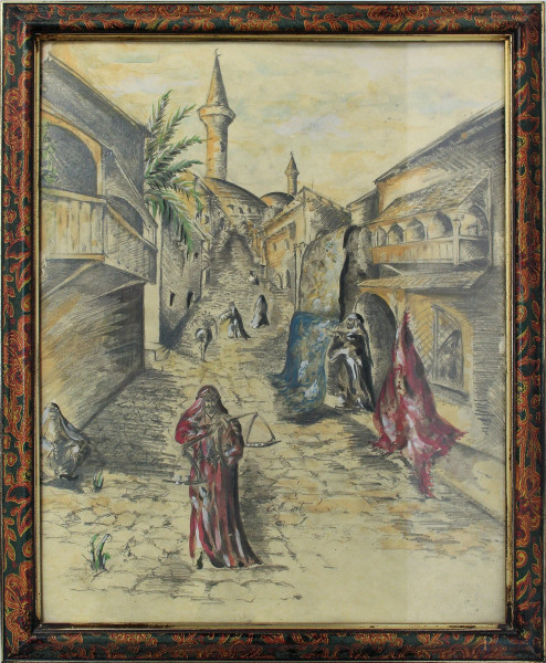Scorcio di citt&#224; araba con figure, dipinto a tecnica mista su carta, cm 50 x 40, entro cornice.