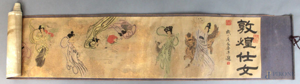 Scroll cinese, raffigurante figure femminili ed iscrizioni, cm. 342x46, arte orientale, XX secolo.