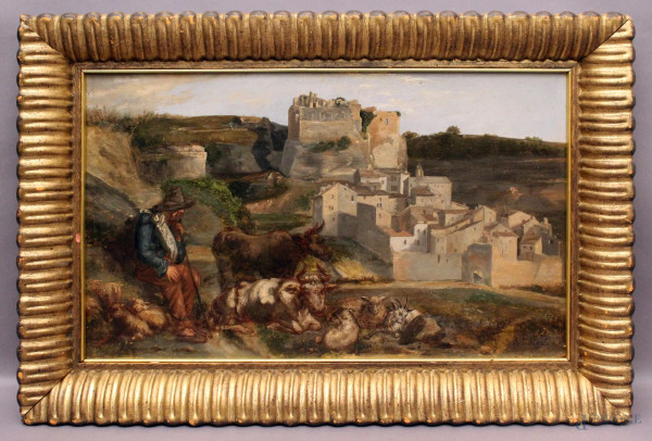 Pastore con armenti su sfondo paese, olio su tavola, cm 32x52, entro cornice.