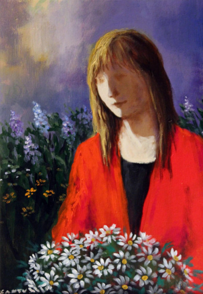 Eliano Fantuzzi - Ragazza con fiori, olio su tela con timbro e numero di archivizione a tergo, cm 50 x 40, entro cornice.