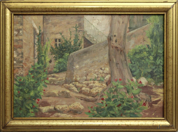 Esterno di casa, dipinto ad olio su tavola, cm 21 x 30, primi 900, entro cornice.