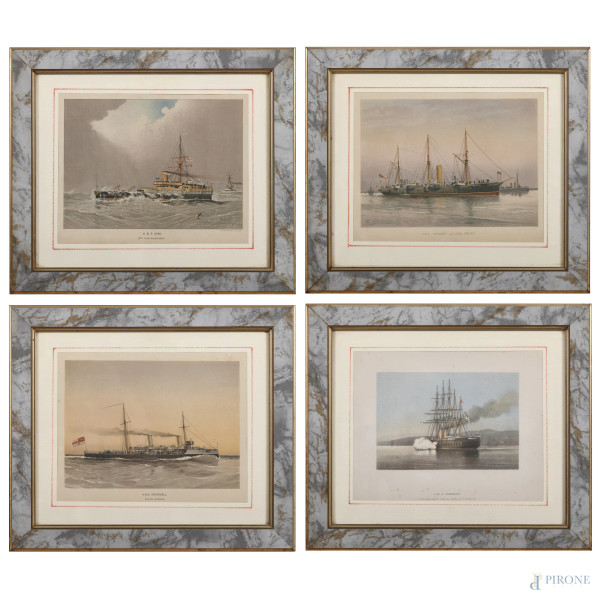 Quattro stampe raffiguranti galeoni, XX secolo, cm 25x30 compreso passepartout, entro cornice, (segni di usura, difetti)