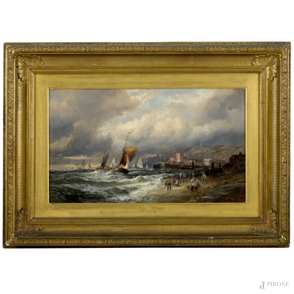 Alfred Montague (1832 - 1883), Veduta di mare in tempesta con borgo costiero, olio su tela, cm 63x88 entro cornice