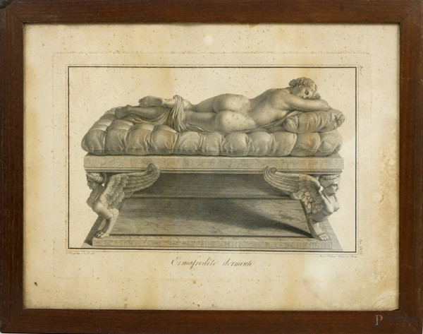Ermafrodite dormiente, incisione, cm 43x57, incisore Pietro Fontana (1782-1957), disegnatore Bernardino Nocchi (1741-1812), XX secolo, entro cornice, (difetti).