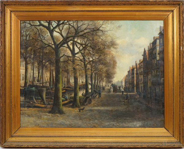 Scorcio di Amsterdam, olio su tela, cm 75x100, firmato, entro cornice.