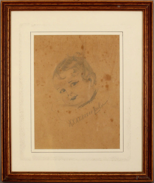 Ritratto di bambina, matita su carta, cm. 20x14,5, firmato, entro cornice.