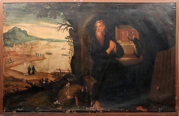 Santo eremita in preghiera entro una grotta, olio su tela 110x75 cm, scuola toscana inizi'600.(difetti alla tela)