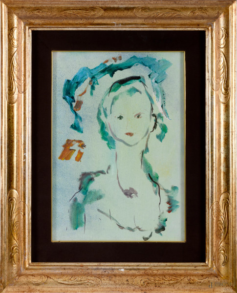 Ernesto Treccani (1920 – 2009) Volto, tecnica mista su tela, cm 50x35, firmato al retro, entro cornice