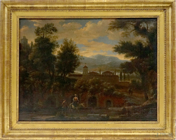 Paesaggio con convento e figure, olio su tela, cm 45x60, siglato G.B., entro cornice.