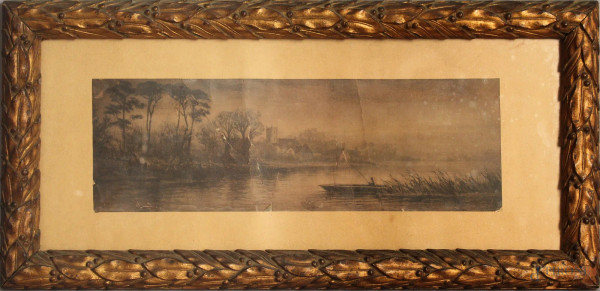 Paesaggio fluviale, acquarello su carta 12x37 cm, XIX sec, entro cornice, (difetti sulla tela).