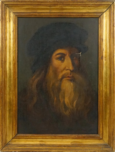 Leonardo da Vinci, olio su tela, cm 56x39, XX secolo, entro cornice, (difetti sulla tela)