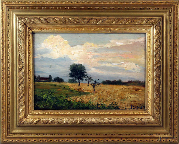 Scuola piemontese, inizi XX secolo, paesaggio, olio su tavoletta, cm 24x33, entro cornice