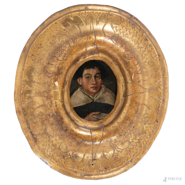Ritratto di frate, XVIII-XIX secolo, olio su rame a serto ovale, cm 7,5x6, entro cornice, (segni di usura, difetti)