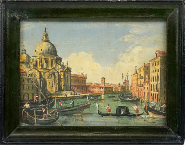 Vedutismo veneziano del XVIII secolo, Basilica di Santa Maria della Salute con gondolieri, tempera su carta riportata su tela, cm 14.5x18,5, entro cornice, (macchie)