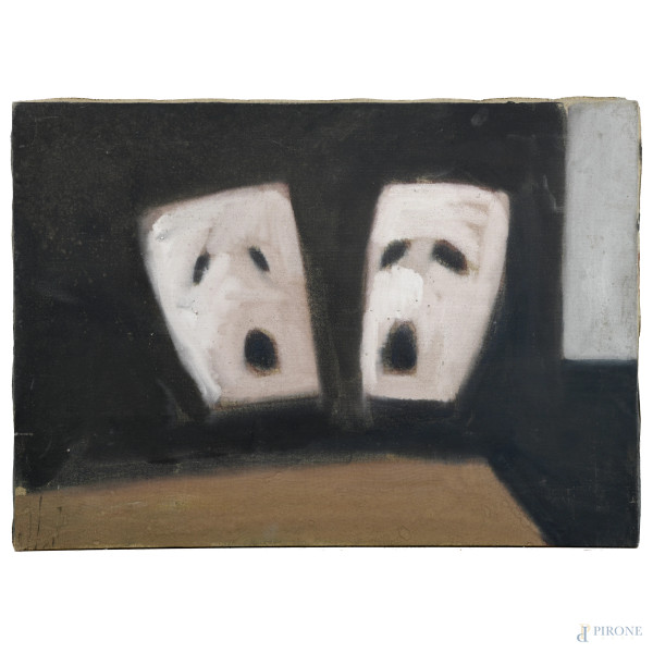 Maschere, tecnica mista su tela, cm 50x70, (segni di usura, tracce di umidità)