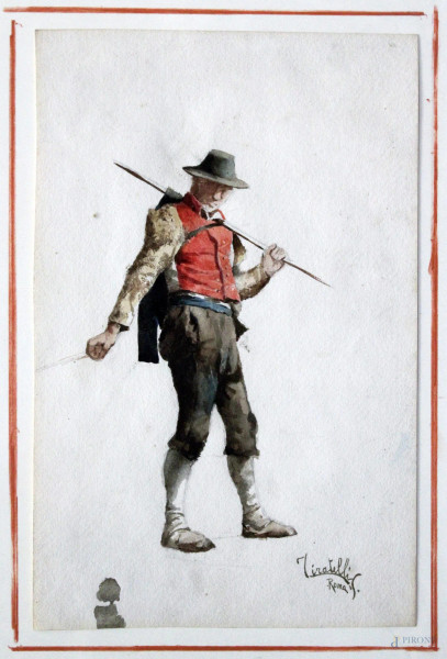 Cesare Tiratelli - Contadino, acquarello su carta, Italia centrale, cm 20 x 32, entro cornice.