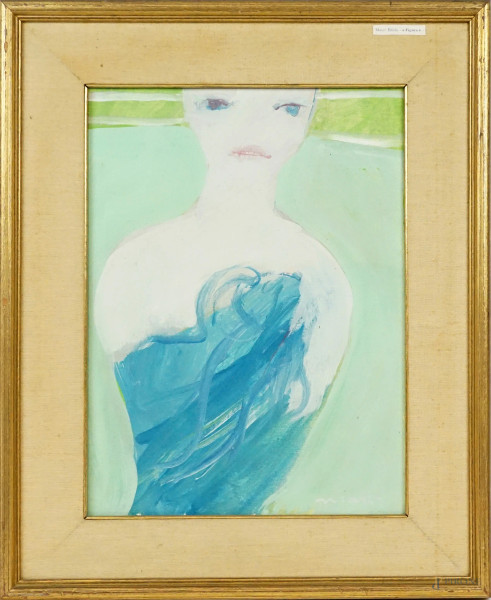 Edolo Masci - Donna in abito azzurro, olio su tela, cm 40x30 circa, entro cornice.