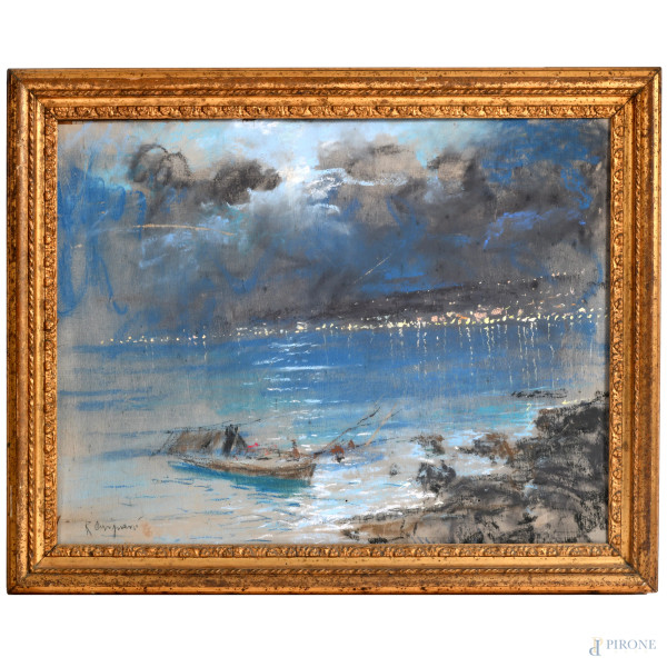 Notturno con barche, XX secolo, pastello su compensato, cm 50x65 , firmato in basso a sinistra, entro cornice, (difetti)