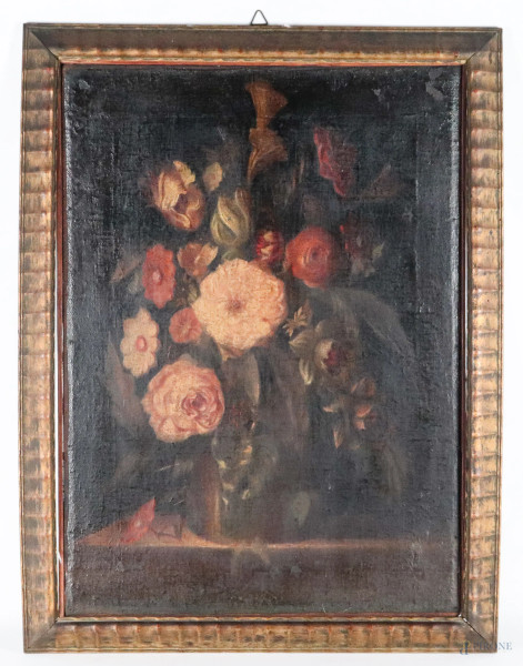 Natura morta di fiori, XIX secolo, olio su tela, cm 65x47, entro cornice, (segni di usura, abrasioni, difetti)