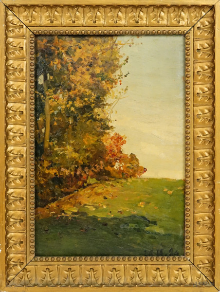 Lorenzo Delleani - Autunno, olio su tavola, cm 37x24,5, datato, entro cornice