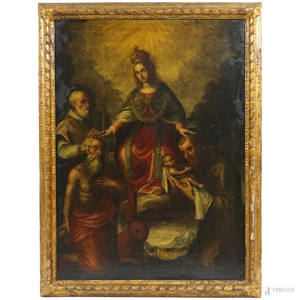 Scuola italiana della fine del XVIII secolo, Madonna con San Francesco e il Bambino, San Girolamo e un Santo, olio su tela, cm 97x71, entro cornice