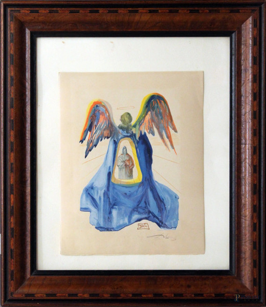 Salvador Dal&#236; - Angelo, litografia acquarellata, 35x26 cm, entro cornice