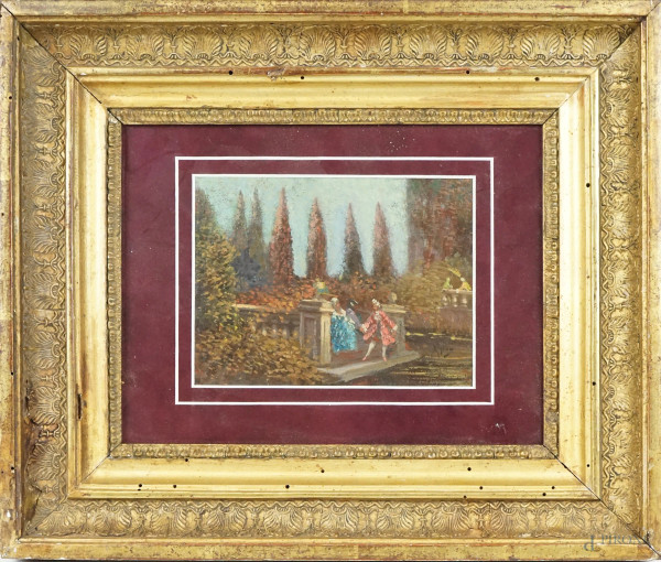 Scena galante, olio su tavola, cm 13x16, firmato V. Migliaro, entro cornice