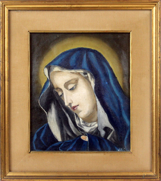 Madonna, olio su tela, cm 28x25, XX secolo, entro cornice.