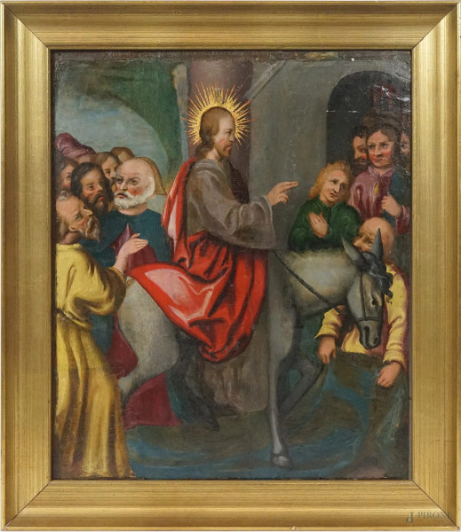 Antico dipinto raffigurante l'entrata di Cristo a Gerusalemme, olio su tavola, cm 49x41, entro cornice