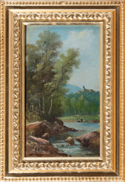 Paesaggio con ruscello, XX secolo, olio su tela, cm 32x21, firmato in basso a sinistra, entro cornice, (segni di usura)