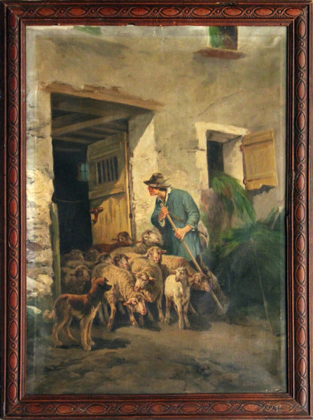 John Califano - Esterno di stalla con pastore e gregge, olio su tela, cm 70x50, entro cornice.