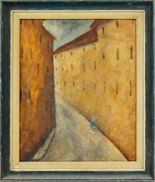Viale urbano, olio su cartone, cm 60x50, XX secolo, entro cornice.