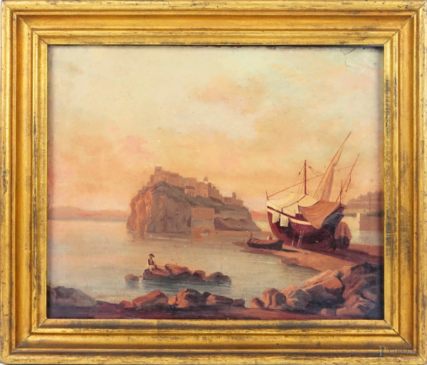 Veduta di Ischia, olio su cartoncino, cm 29x36,5, fine XIX - inizi XX secolo, entro cornice, (difetti)