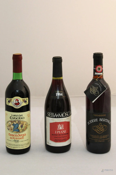Lotto di tre botiglie di vino:Sella Mosca Podere-Bertinga,Concilio.