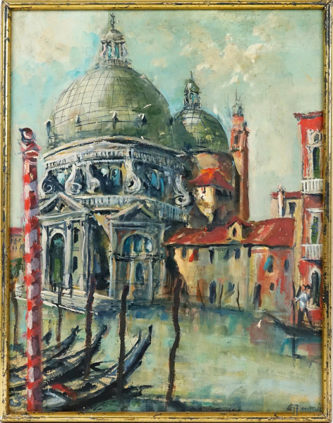 Santa Maria della Salute a Venezia, olio su compensato, cm 43,5x34, firmato G.Zanetti, entro cornice.
