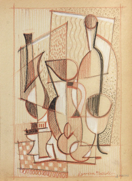 Leandra Mattioli - Natura morta con vasellame e frutta, composizione cubo-futurista a matite grasse su carta, cm 22x29, firmato, entro cornice Euro 