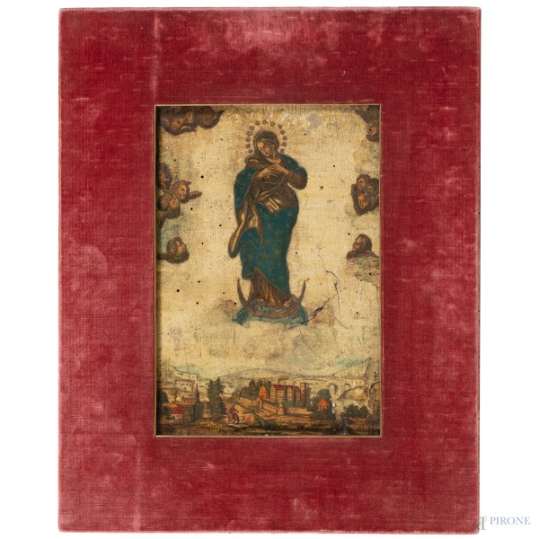 Coppia di stampe applicate su tavola dipinta, XIX-XX secolo, cm 37,5x26, (fessurazioni, craquelur...