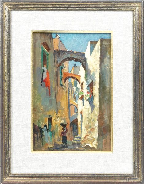 Scorcio di vicolo, sec. XX, olio su compensato, cm 30,5x20, entro cornice