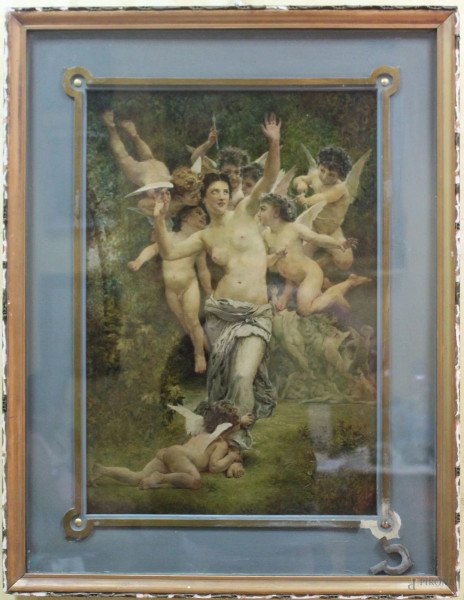 Scena con armenti, antico dipinto ad olio su cartone 53x36 cm, entro cornice.