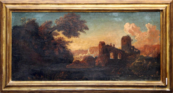 Paesaggio con rovine, olio su tela, 40x60, XVIII° sec., entro cornice.