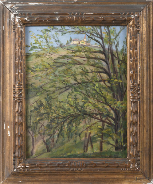 Eugenio Marana (1879-1978), Paesaggio collinare, olio su tavoletta, cm 36x27, firmato in basso a destra, entro cornice, (lievi segni di usura)