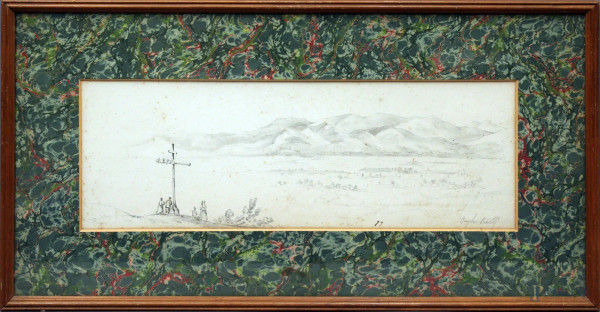 Il pellegrinaggio con veduta di campagna, matita su carta, cm 31 x 62, firmato, entro cornice.