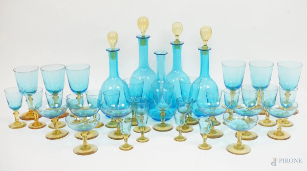 Servizio di bicchieri di Murano, XX secolo,  in vetro soffiato turchese e giallo, (difetti)