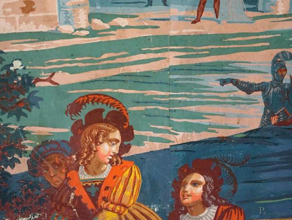 Scena cavalleresca, tempera su carta applicata su tela, XX secolo, cm 97,3x183